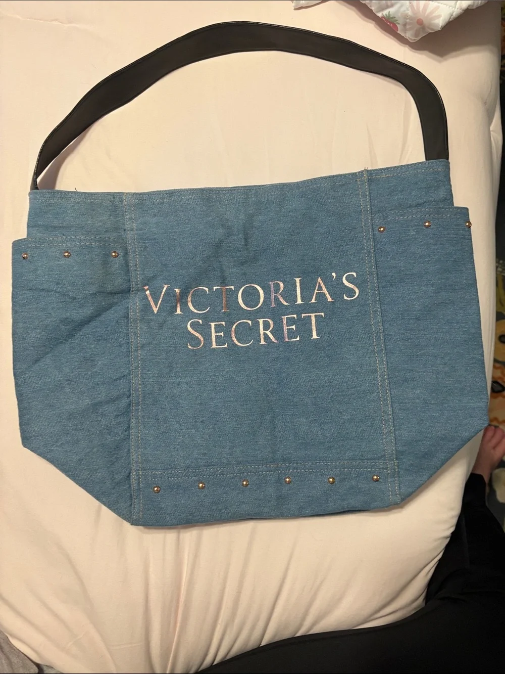 Victoria's Secret Light Blue Denim Tote with Stud Accents